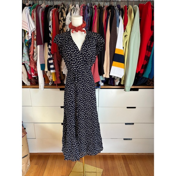 Reformation Dresses & Skirts - Reformation Carina Wrap Dress Women Small Navy Blue Daisy Floral Midi Cap Sleeve